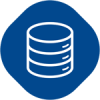 Blue database icon with white stacked disk symbol in a hexagonal shape