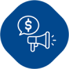 White megaphone with dollar sign inside a blue hexagon icon.