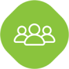White group-people icon on a green rounded square background