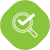 Green hexagon icon with a white magnifying glass and check mark.