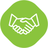 White handshake icon inside a green hexagon.