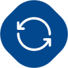 Blue circular refresh icon with two white arrows forming a loop