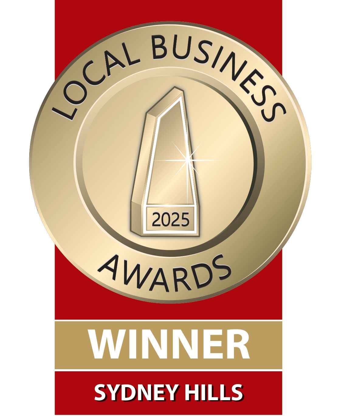 Local Business Awards winner badge for Sydney Hills, gold medallion on red background, 2025 trophy icon