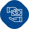 Blue icon of hands exchanging cash and a banknote, representing payment or money transfer