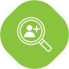 White user icon inside a magnifying glass on a green rounded square background