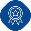 Blue badge icon with a white star inside a ribbon seal