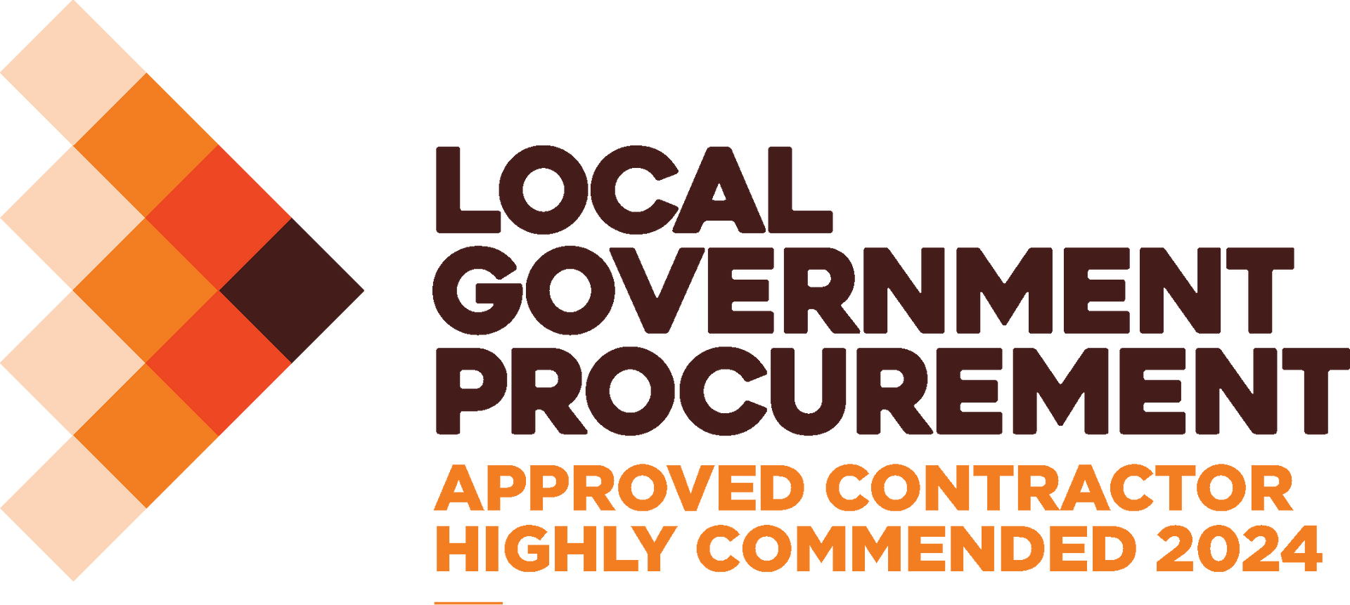 Logo reading “Local Government Procurement” with orange diamond icon and “Approved Contractor Highly Commended 2024” text