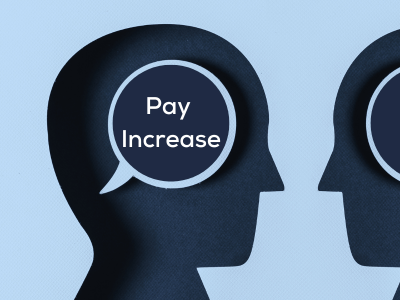 Two heads with a speech bubble that says pay increase
