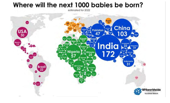 A map showing where the next 1000 babies will be born