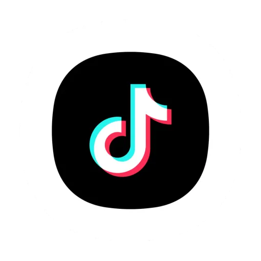 Logo TikTok : note de musique blanche avec un contour rouge et bleu sur un carré noir.