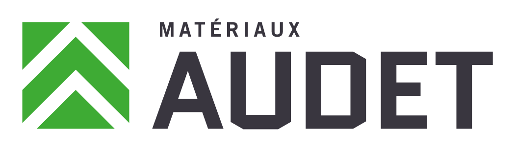 Carré vert avec des flèches blanches, « MATÉRIAUX » au-dessus de « AUDET » en texte noir.