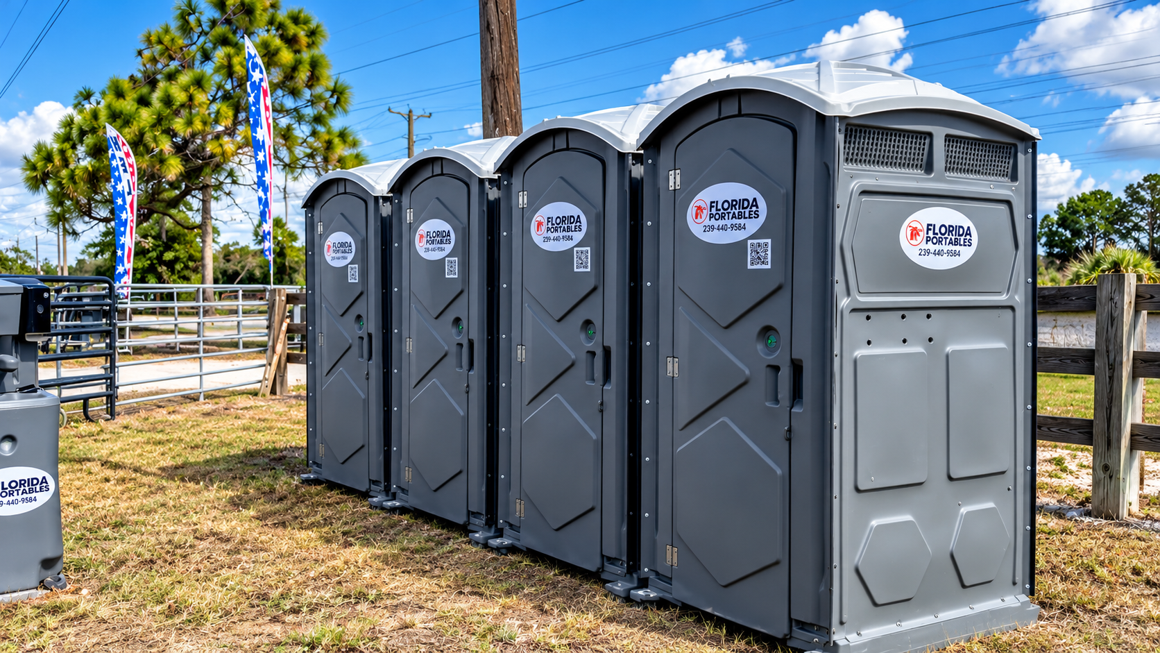 Row of gray portable toilets outdoors on a sunny day