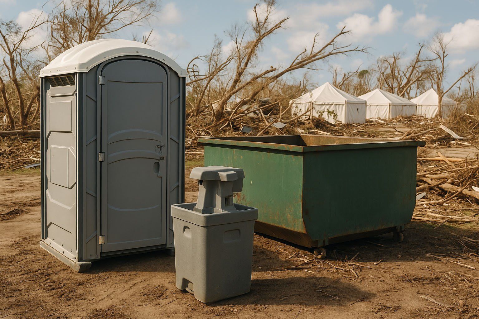 Portable toilet and trash dumpster on a dirt lot near tents and leafless trees