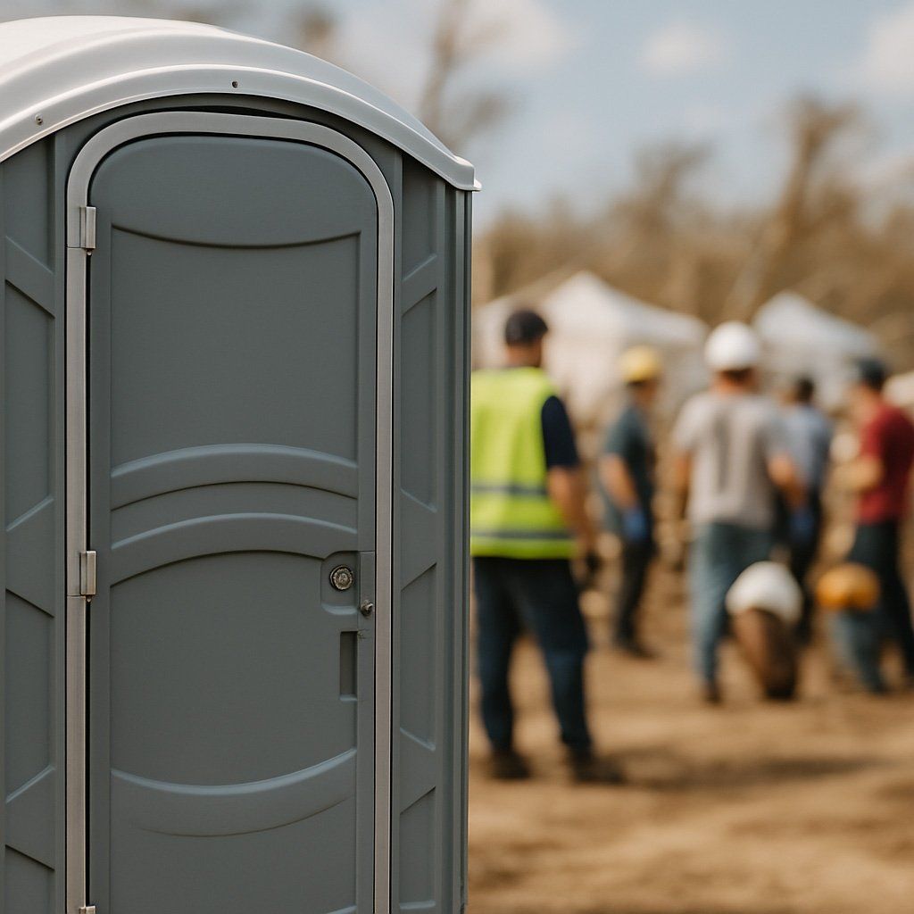 Gray portable toilet in foreground, with blurred workers in safety vests and helmets at a construction site behind it