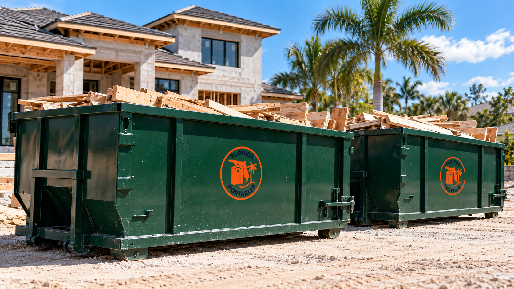 Green dumpster in a sunny residential yard with a person in a hat sorting trash on top