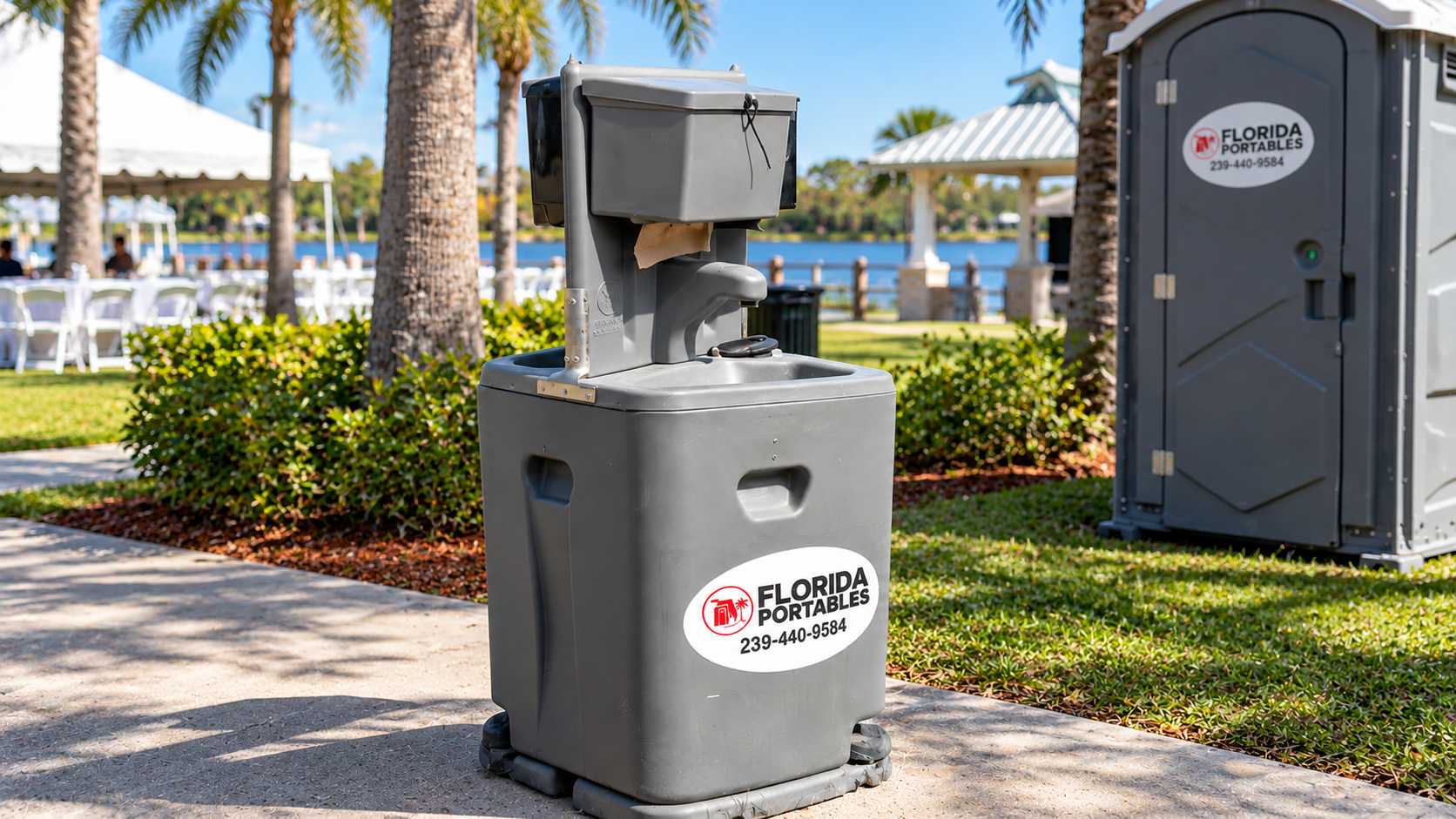 Gray self-serve machine with a red-and-white logo on a sunny sidewalk near palm trees and a portable restroom.