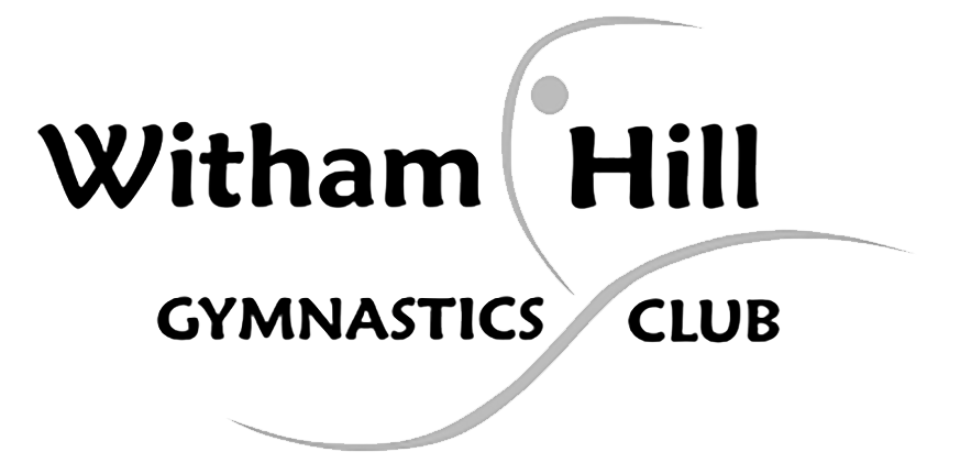The logo for the witham hill gymnastics club is black and white.