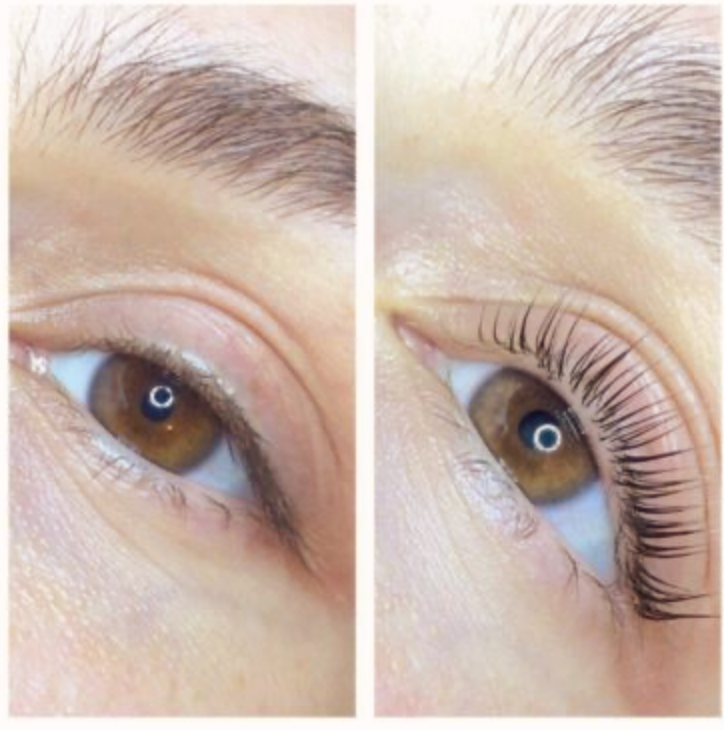 Close-up van gelifte wimpers voor en na lash lift behandeling