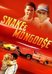 A movie poster for snake and mongoose with two men and two cars.