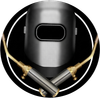 Casco da saldatore nero con al centro un logo circolare con torce a gas incrociate su sfondo nero.