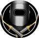 Casco da saldatore nero con al centro un logo circolare con torce a gas incrociate su sfondo nero.