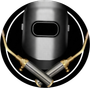 Casco da saldatore nero con al centro un logo circolare con torce a gas incrociate su sfondo nero.