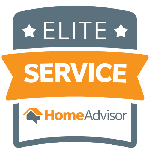 HomeAdvisor "Elite Service" badge: gray, orange, and white graphic with stars and logo.