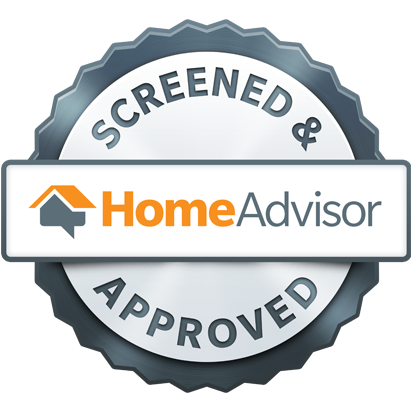 HomeAdvisor screened & approved badge, orange house logo, gray and white colors.