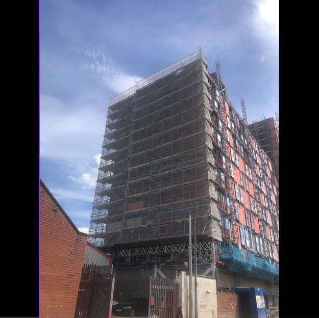 Steel scaffold structure on commercial building in Manchester