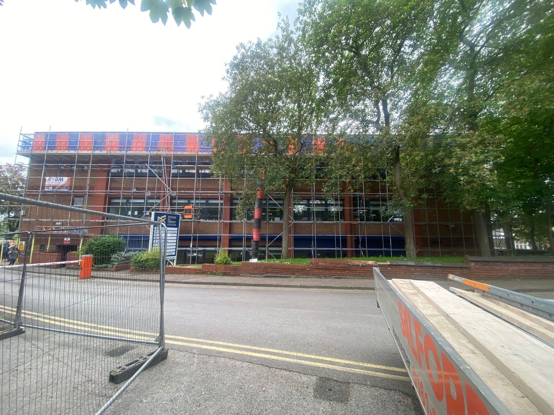 Scaffolding on Stoke college with brick guards