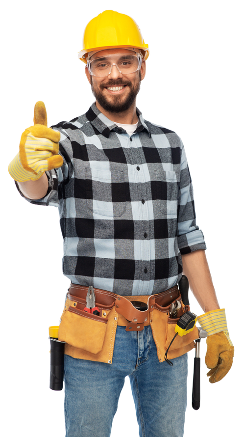 A man wearing a hard hat and gloves is giving a thumbs up.