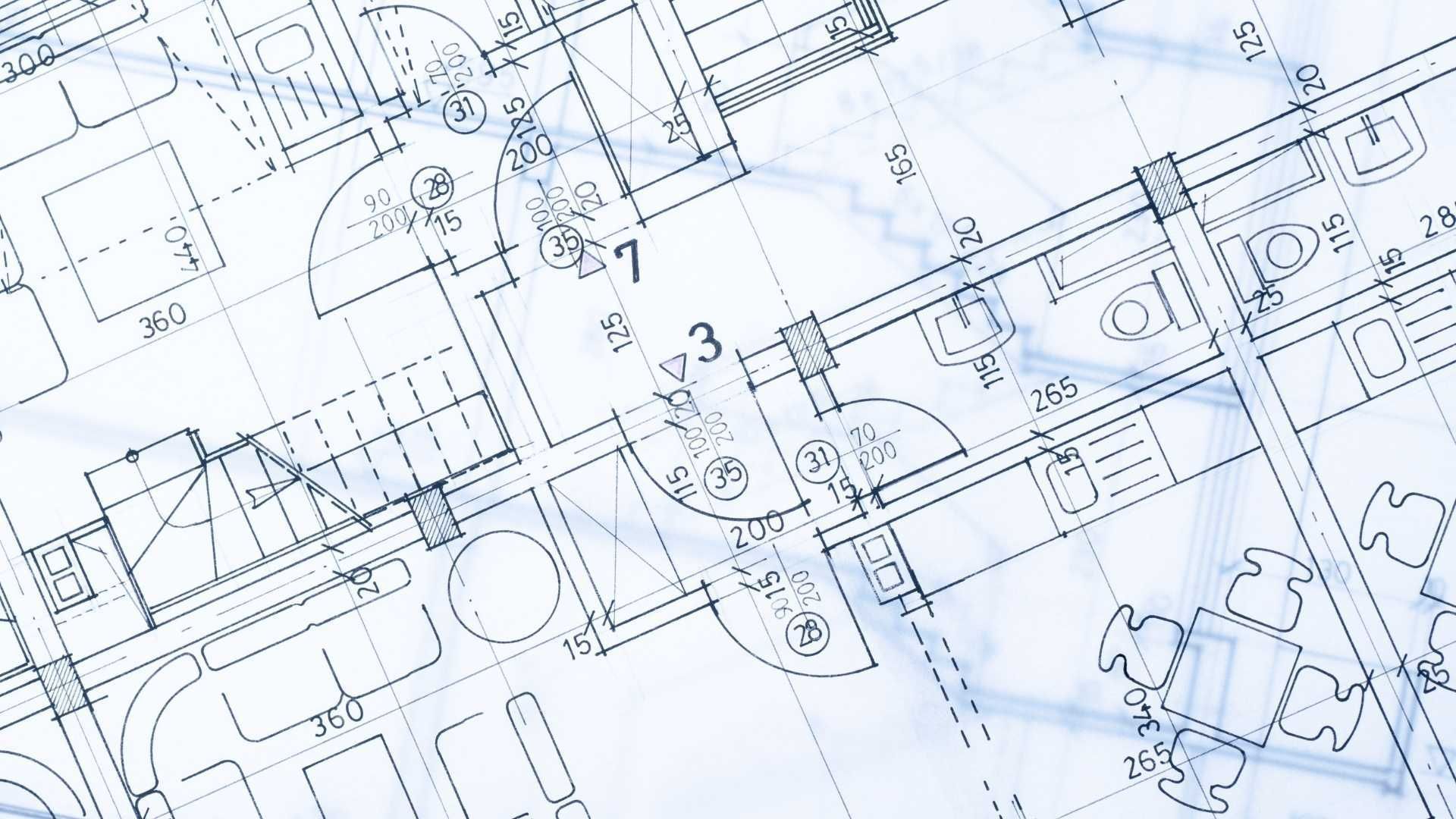Architectural blueprint, detailed floor plan with lines, symbols, and numerals in shades of blue.