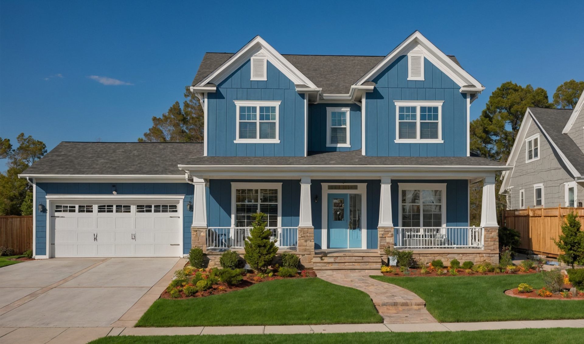 Blue two-story house with white trim, porch, and a two-car garage. A brick walkway leads to the front door.