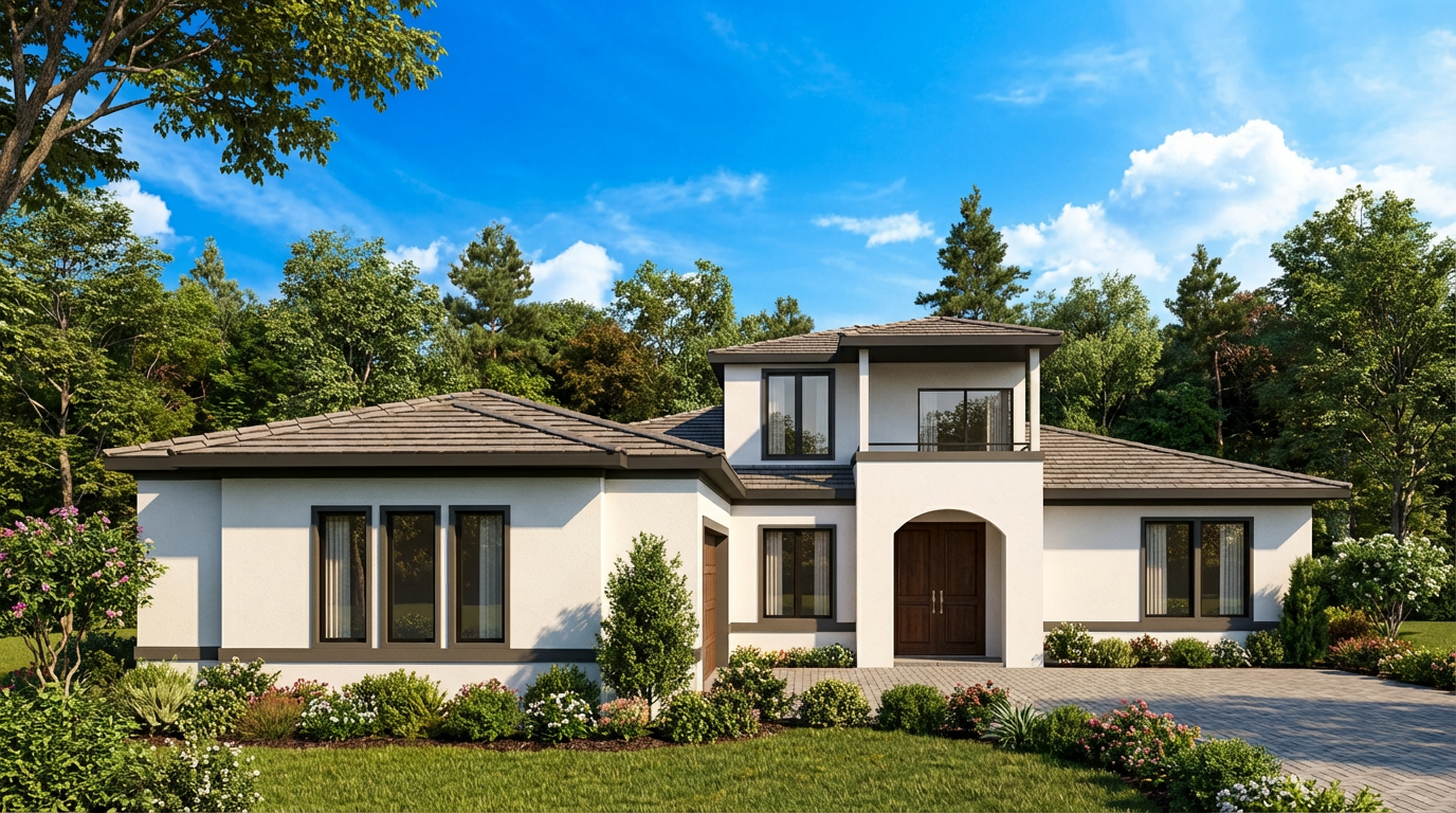 White stucco house with dark trim, arched entryway, and lush landscaping against a blue sky.