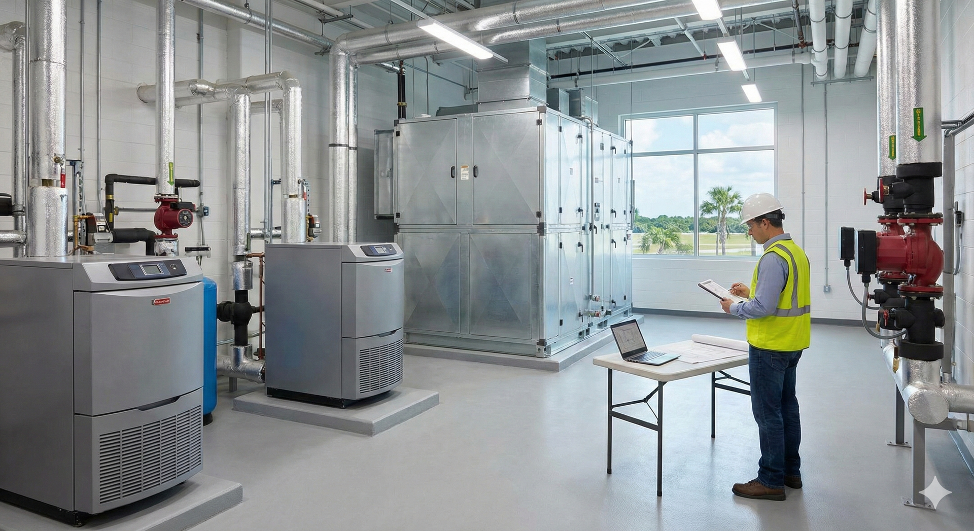 Engineer in a mechanical room, inspecting equipment. Steel machinery and pipes.