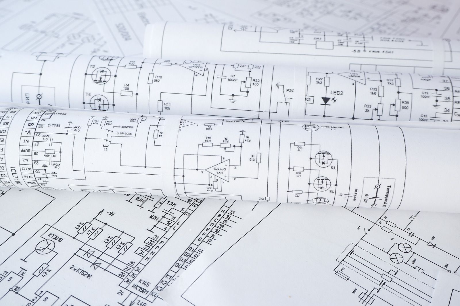 Rolls of electrical circuit diagrams.