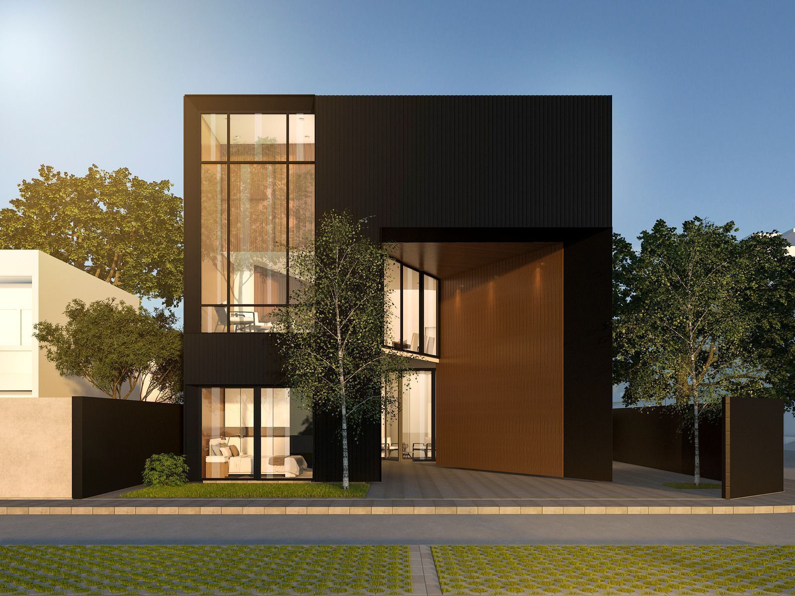 Modern black house with large windows, brown accent wall, and small trees on a sunny day.