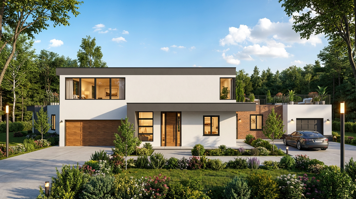 Modern two-story house with gray accents, wooden garage door, and lush landscaping on a sunny day.