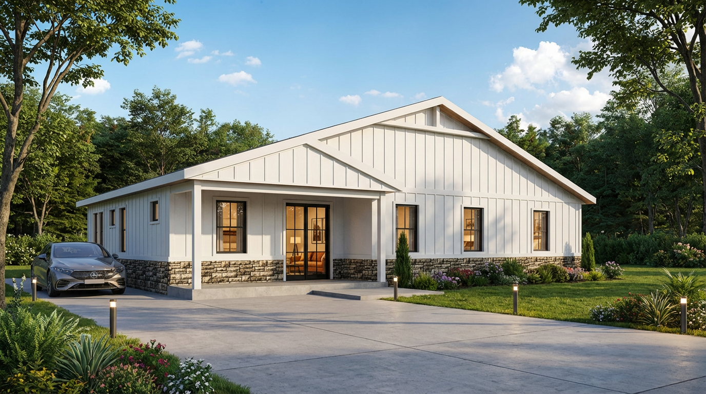 White farmhouse-style home with stone accents, a car parked in driveway, and surrounding greenery.
