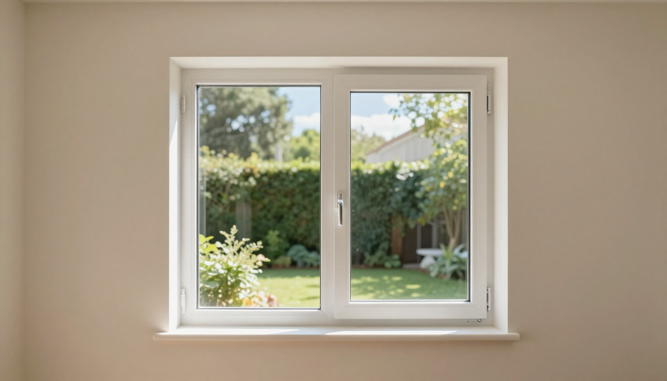 White-framed window looking onto a sunny backyard with trees and shrubs