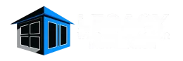 Blue and black geometric house logo icon on a white background