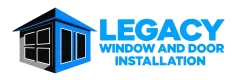 Legacy Window and Door Installation logo with blue house and window icon, black and blue text