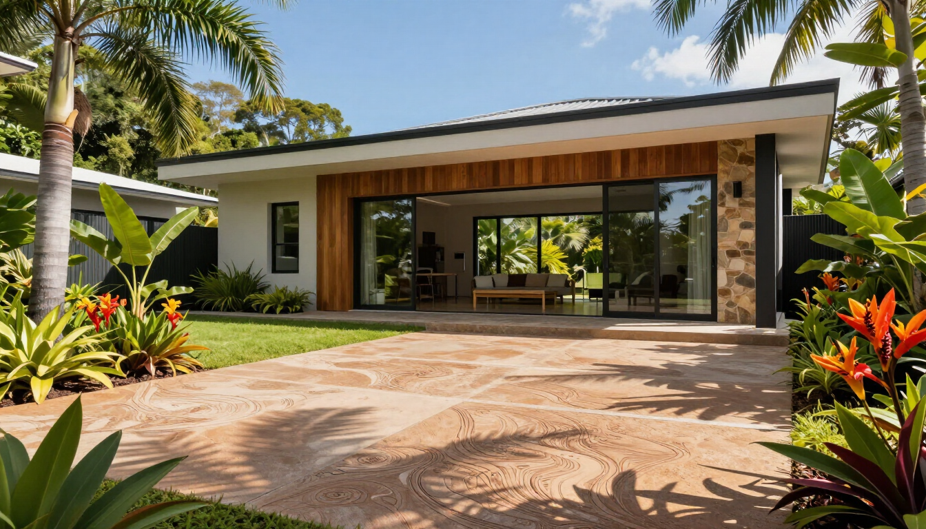 Modern concrete patio design in a tropical Cairns garden setting