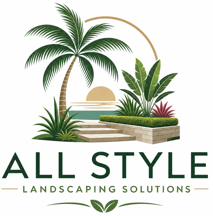 All Style Landscaping Solutions logo with palm trees, sunset, and landscaped greenery