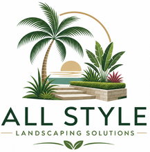 All Style Landscaping Solutions logo with palm trees, sunset, and landscaped greenery