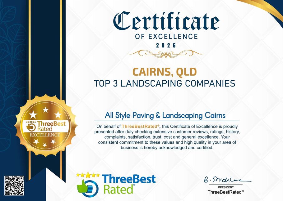 Certificate of Excellence 2026 for Cairns, QLD, top 3 landscaping companies, ThreeBest Rated logo