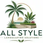 All Style Landscaping Solutions logo with palm trees, sunset, and landscaped greenery