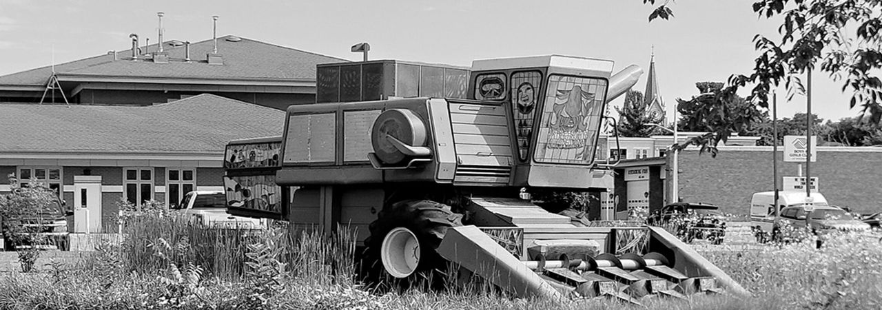 Painted combine display in downtown Reedsburg