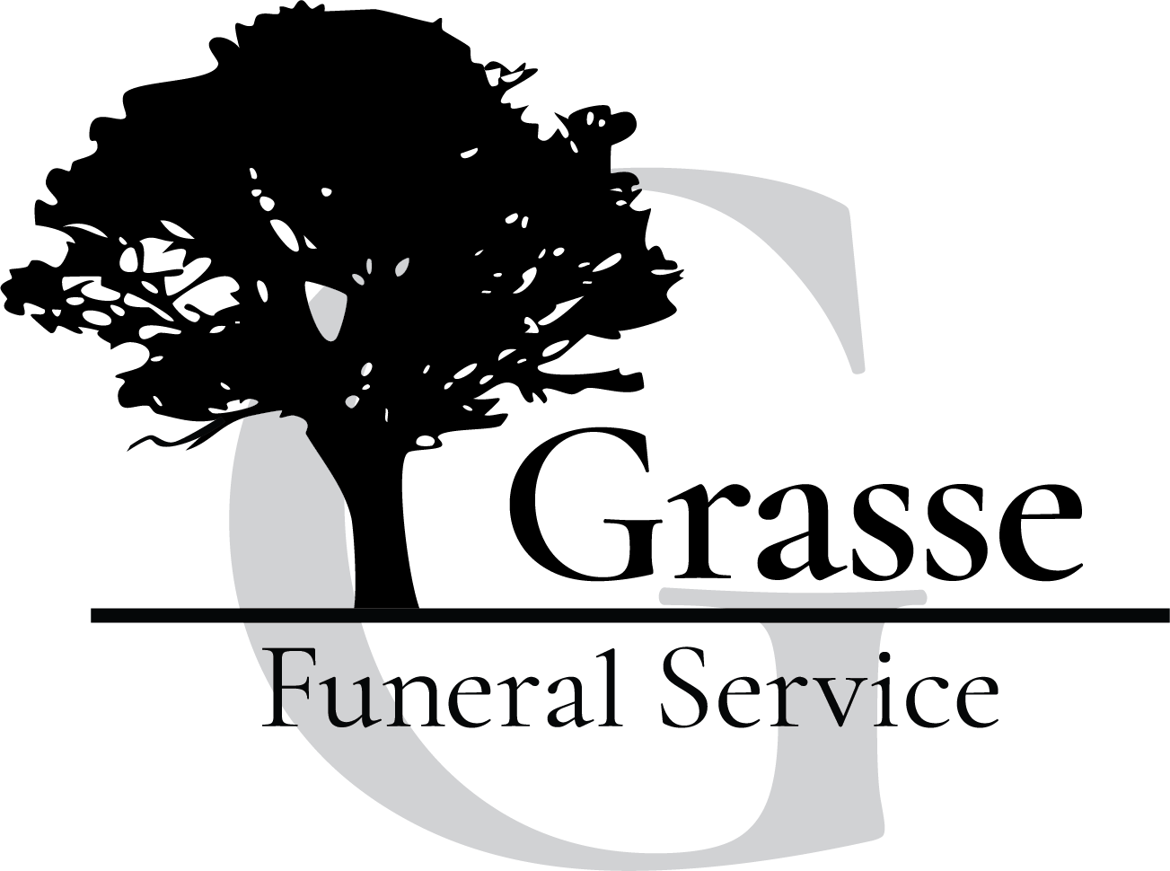 Grasse Funeral Service logo with black tree silhouette and gray stylized G on white background