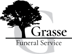 Grasse Funeral Service logo with black tree silhouette and gray stylized G on white background